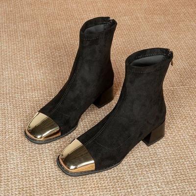 Herbst Winter Elegant mit Mittelhohen Absätzen Damen Stiefeletten Eckige Zehenpartie Warm Damen Kurzschuhe Große Größe Bequeme Stiefeletten