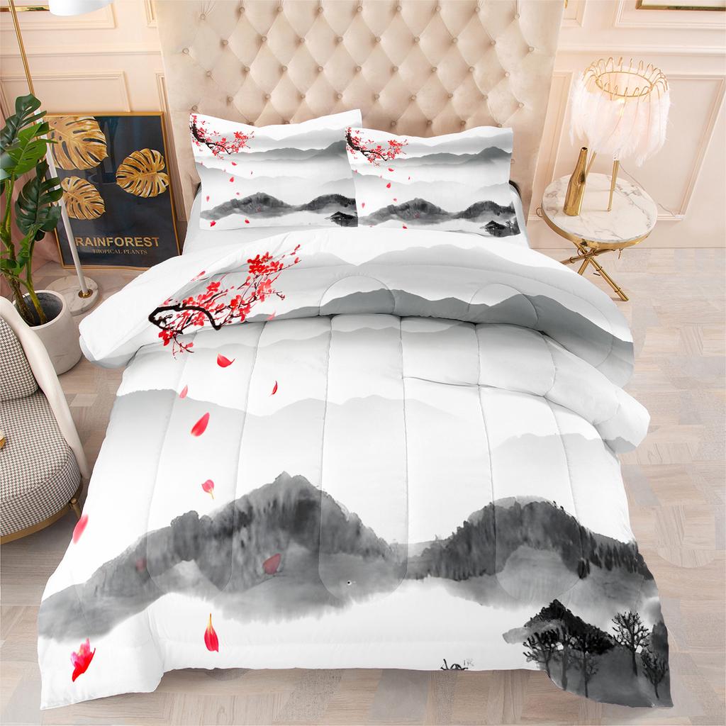 Peach Blossom Landscape Painting Fat Quilt Printing Quilt 3d Printing Bedding Feather Silk Cotton Thickened Quilt Cover Three-piece Set