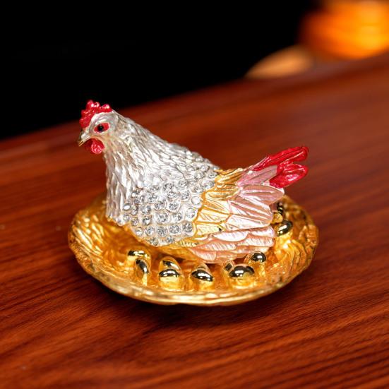 Rhinestone Chick Figurine Metal Simulated Hen Key Trinkets Jewelry Box Container Holder Home Office Desktop Decoration Ornament