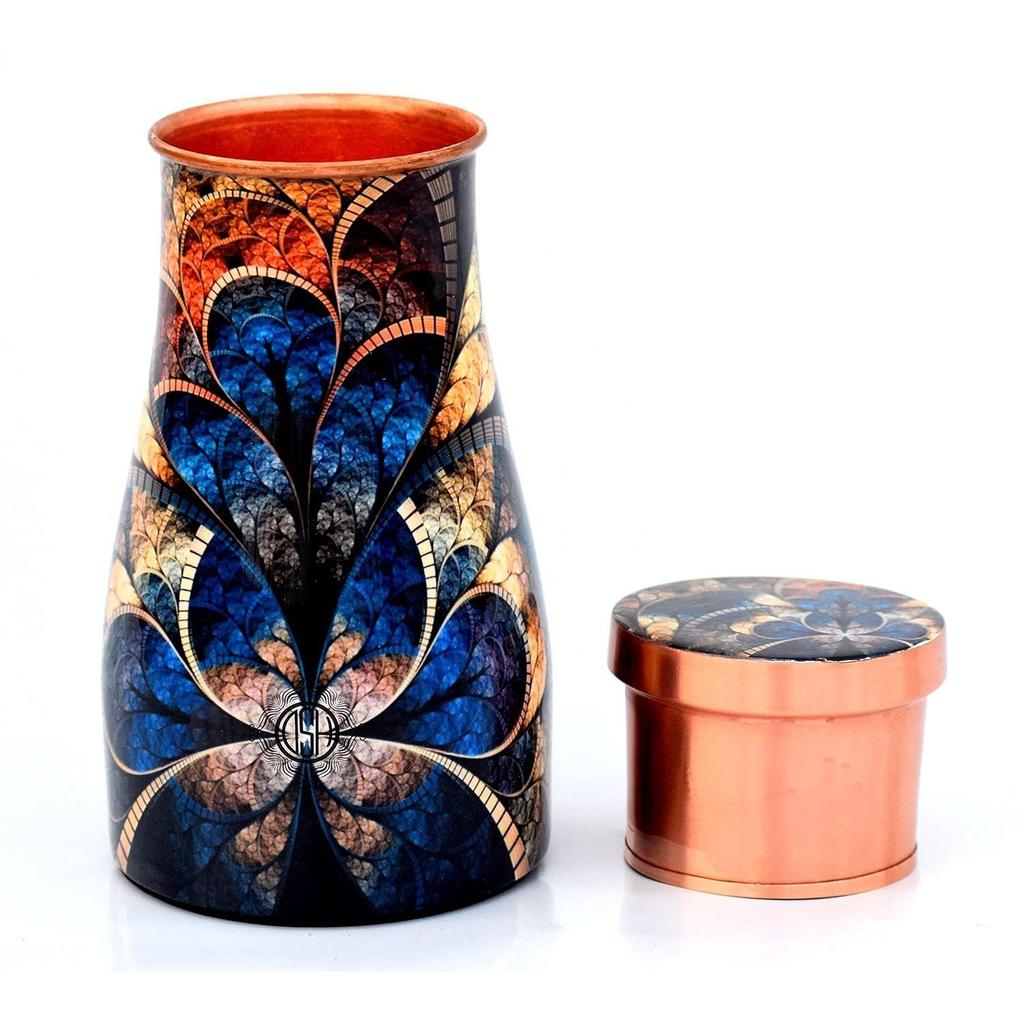 Copper Bedroom Bottle Printed Jug with Inbuilt Glass, Joint Free Bedside Pot, Modern Design, (1000 ML)