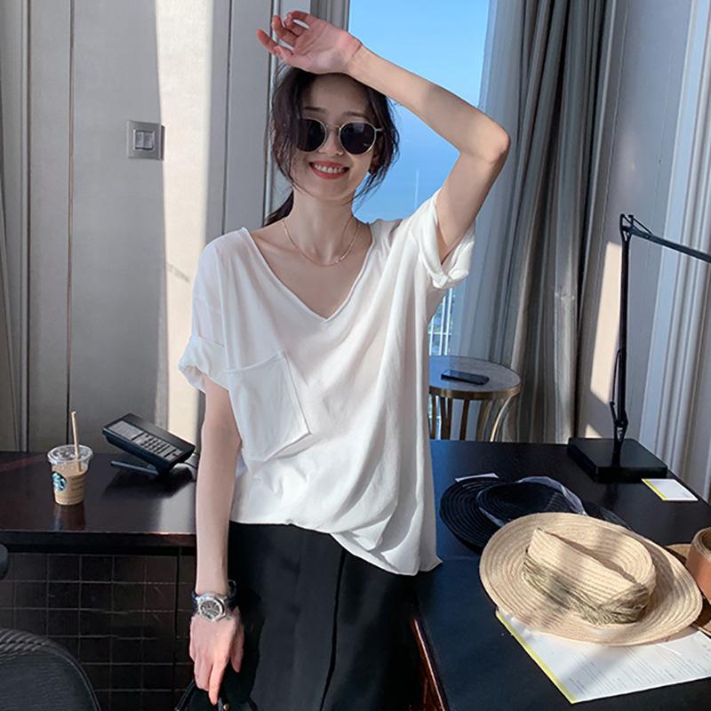 

Белая хлопковая футболка с коротким рукавом для женщин, летний дизайн, нишевая, V-образный вырез, карман, базовая, свободная, повседневная, топ 2XL белый