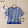 Women Grid Print Casual Round Neck Loose Short Sleeve Blouse