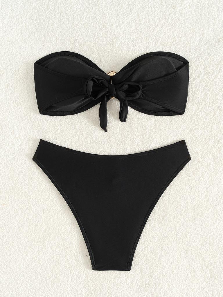 Solid Color Strapless Bandeau Sexy Split Bikini Swimsuit Women's Swimwear