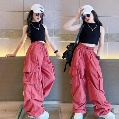 Pantaloni da jogging hip hop per ragazze, pantaloni cargo per ragazze, pantaloni dritti per adolescenti, pantaloni larghi casual vintage a vita alta