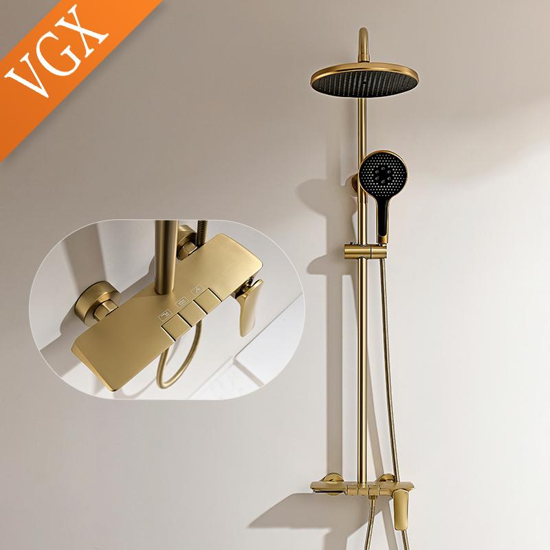 VGX Gold Shower System Bathroom Shower Faucet Set 3-way  Rainfall Shower Mixer Crane with Hand Shower Set Black Grey Chrome