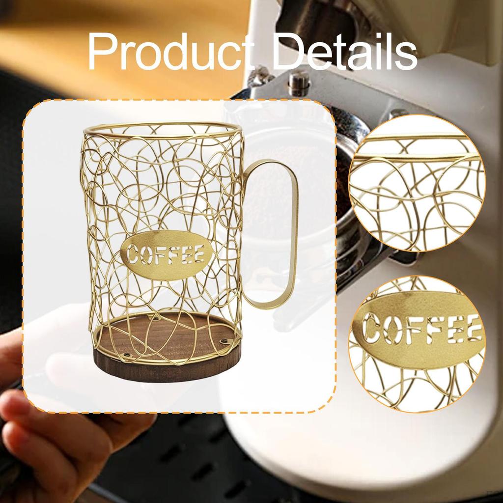 Coffee Capsule Holder Organizer with Wooden Base, Large Capacity, Iron Basket for