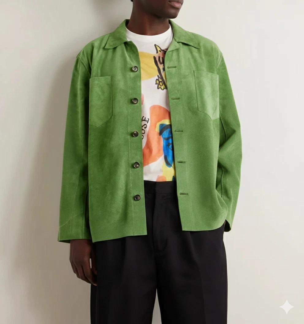 

Мужская кожаная мотоциклетная куртка ручной работы из натуральной замши зеленого цвета из мягкой овчины 3XL зелёный