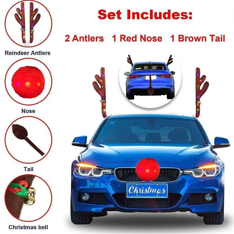 Car Antler Decoration Reindeer Christmas Decoration Kit with LED Light Up Car Truck Vehicle Costume Christmas Antler Deer Decor