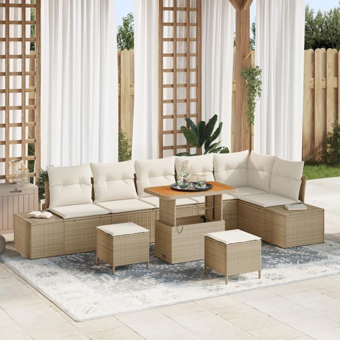 VidaXL 9-Piece Garden Sofa Set with Beige Cushions In Poly Rattan Acacia 3364756