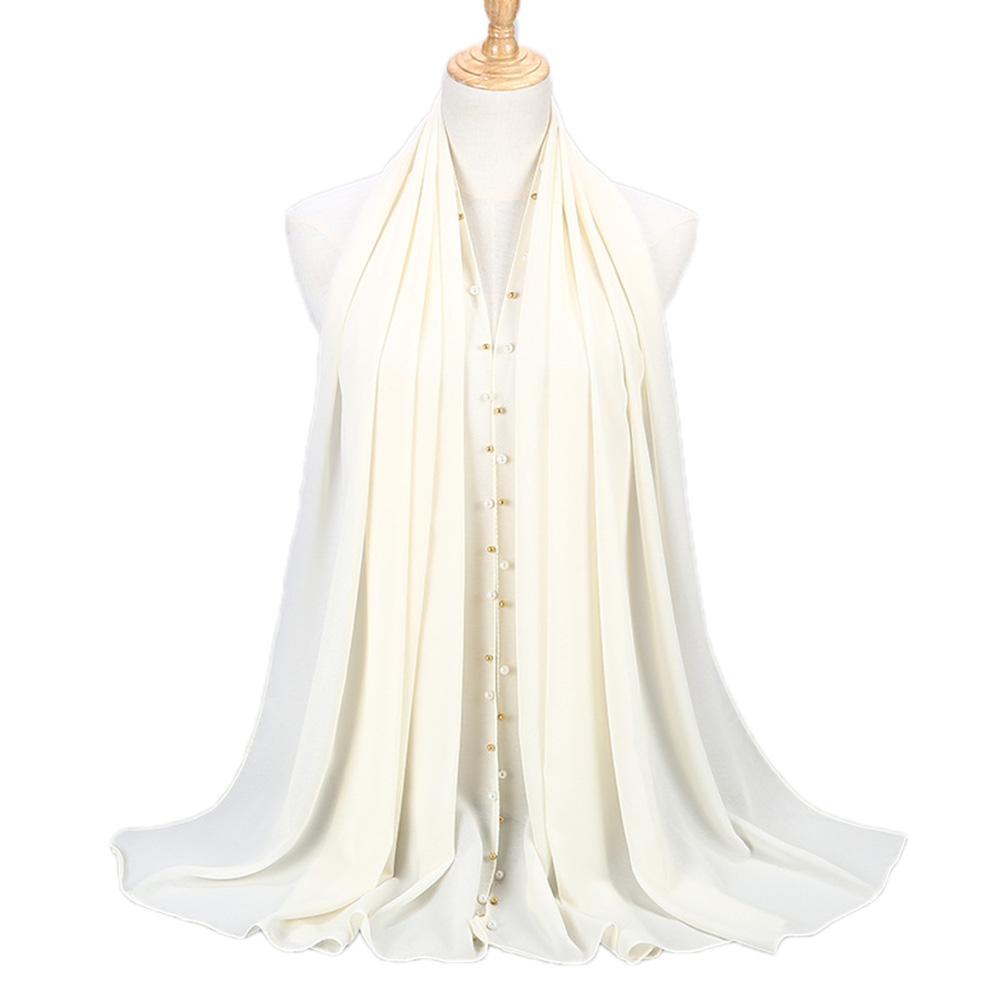 Women Solid Color Pearls Chiffon Scarf Muslim Lady Hood Headcloth