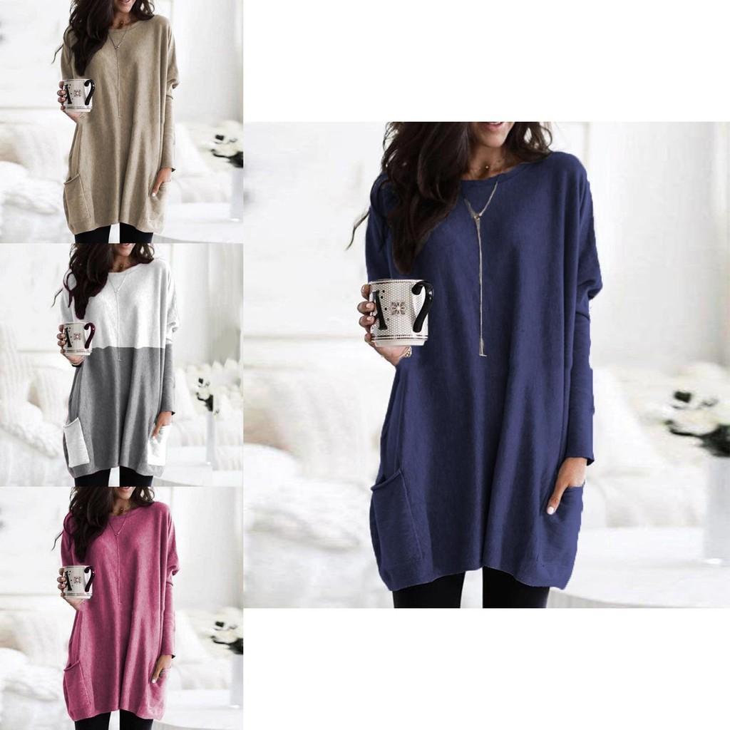 Elegancki Damski Sweter Mini Sukienka Bluzka W Żywych Kolorach Z Dwiema Kieszeniami