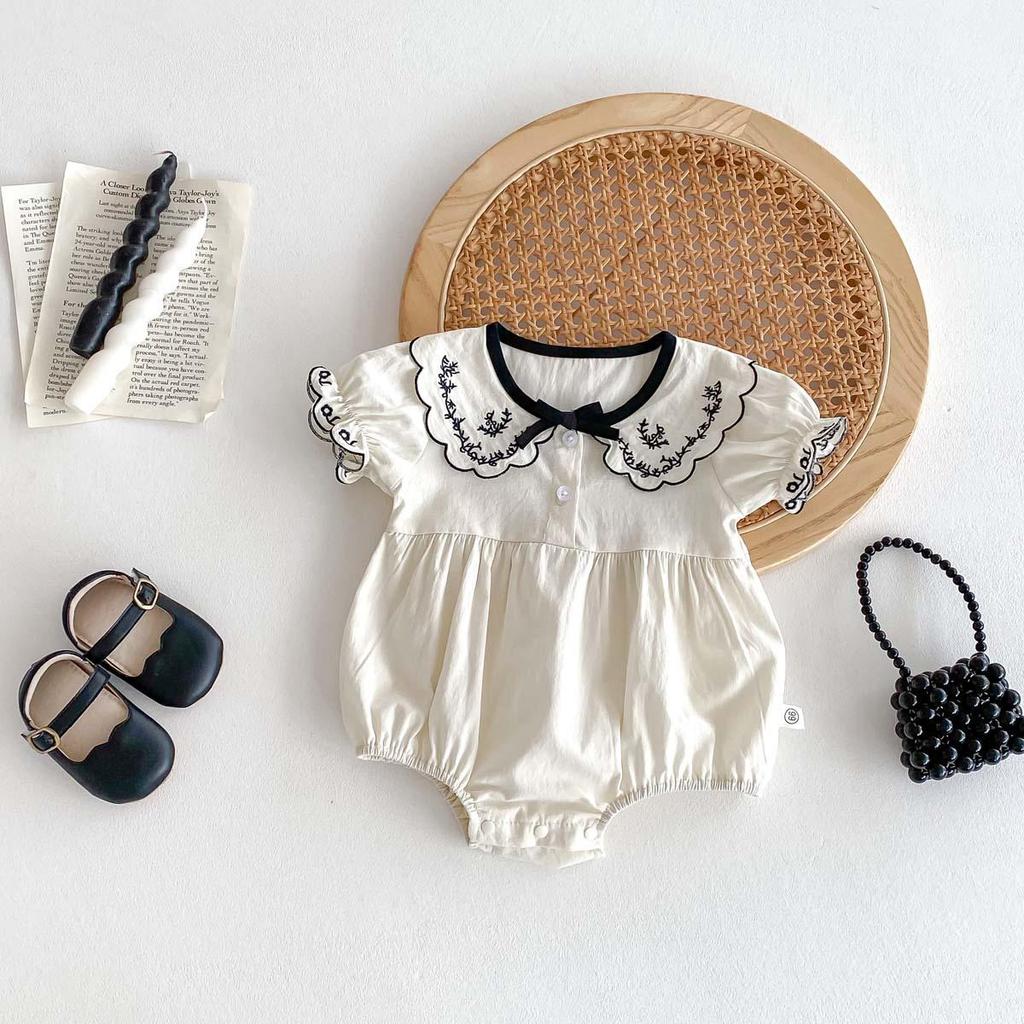 Embroidered Summer Romper with Turn-Down Collar and Bow for Newborn Girls