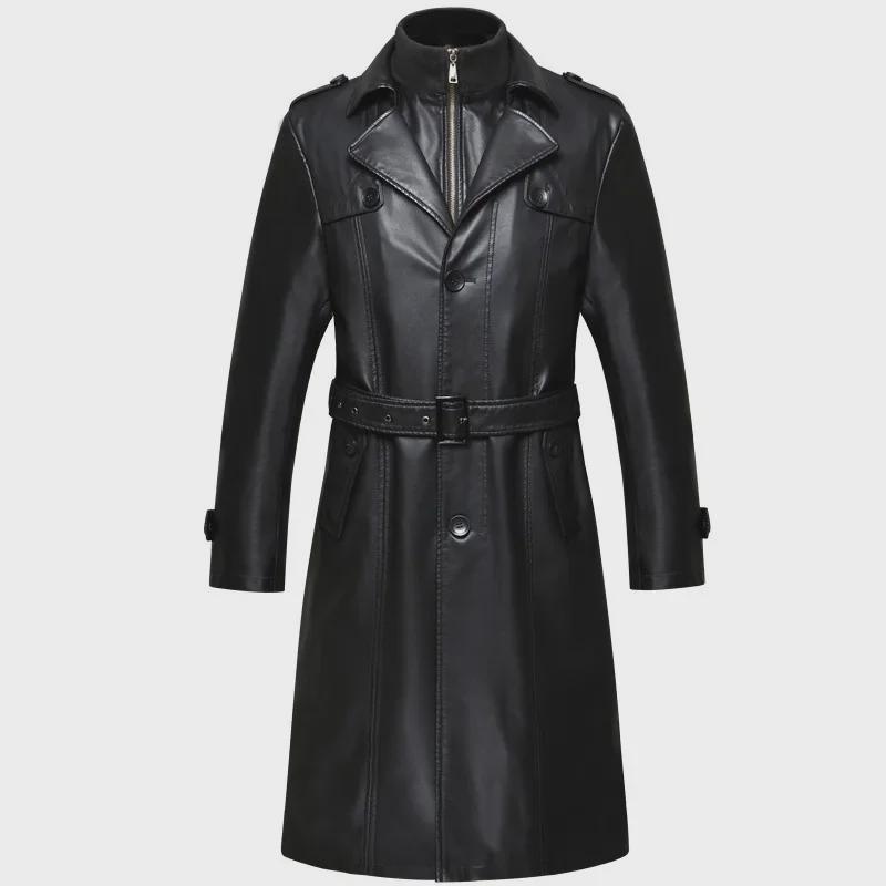 Men's Long Sheepskin Leather Winter Jacket with Velvet Lining, Windbreaker, Soft Leather Suit Collar