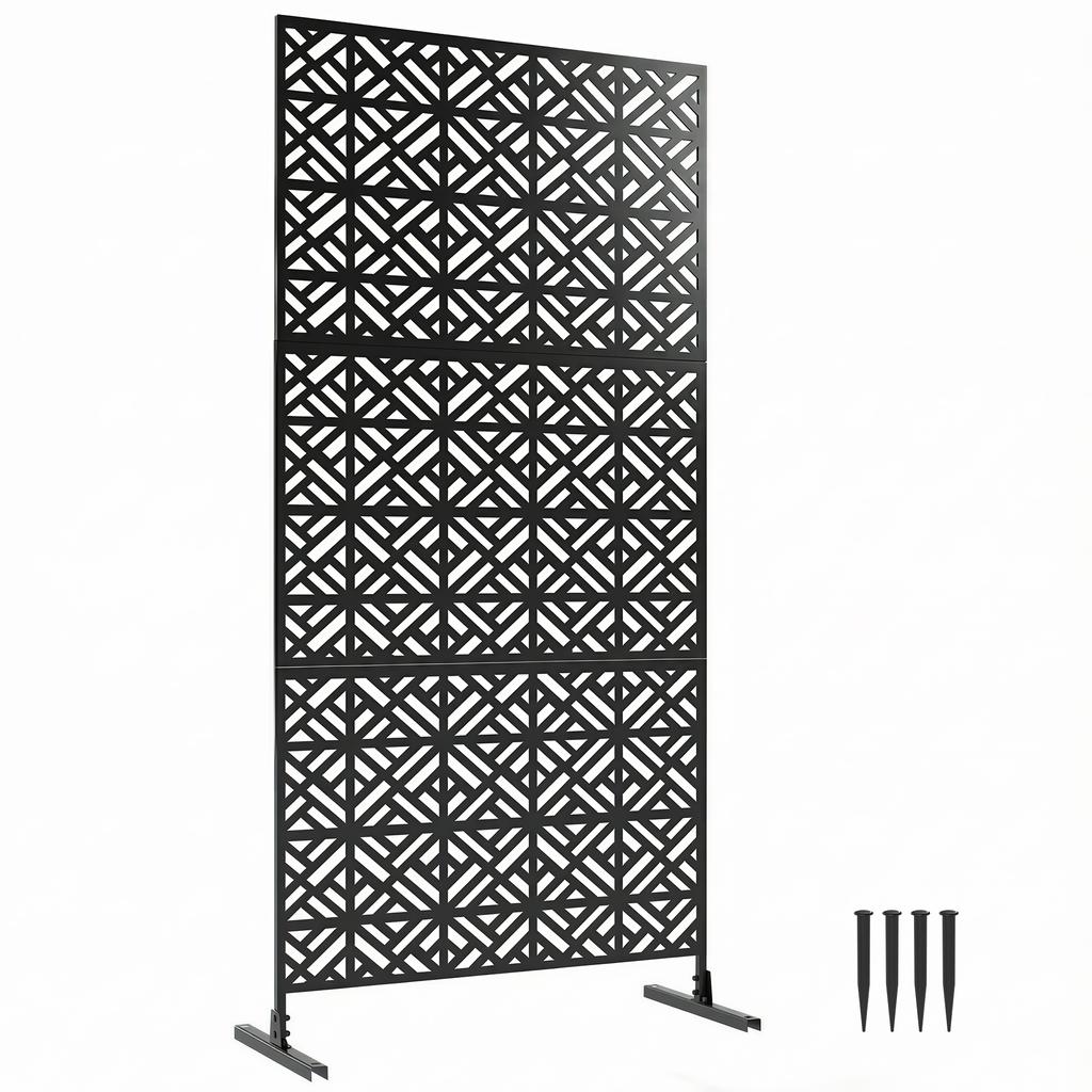 Outdoor Privacy Screen Panel, 3 Panels, Geometric Metal, 92 X 40 X 192 Cm, Black