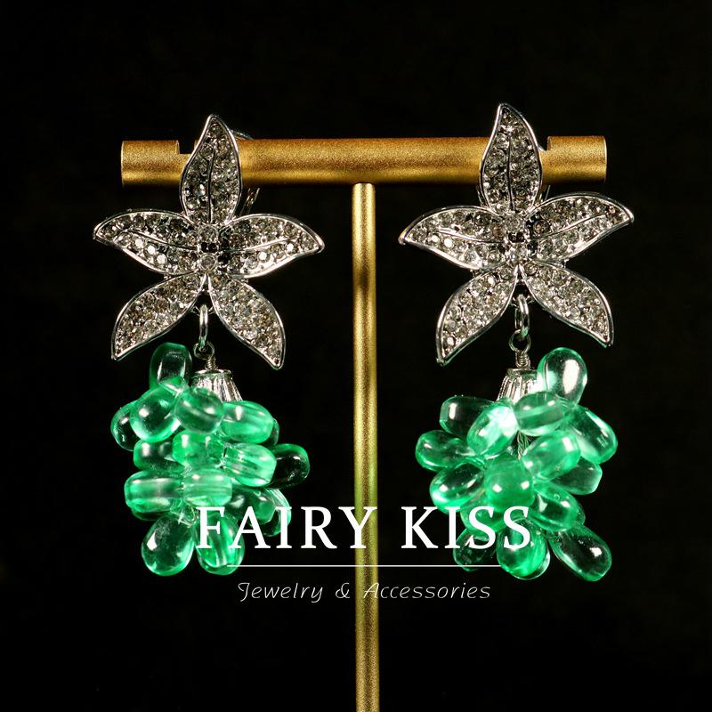 Elegant Green Rhinestone Grape Dangle Earrings with Floral Design