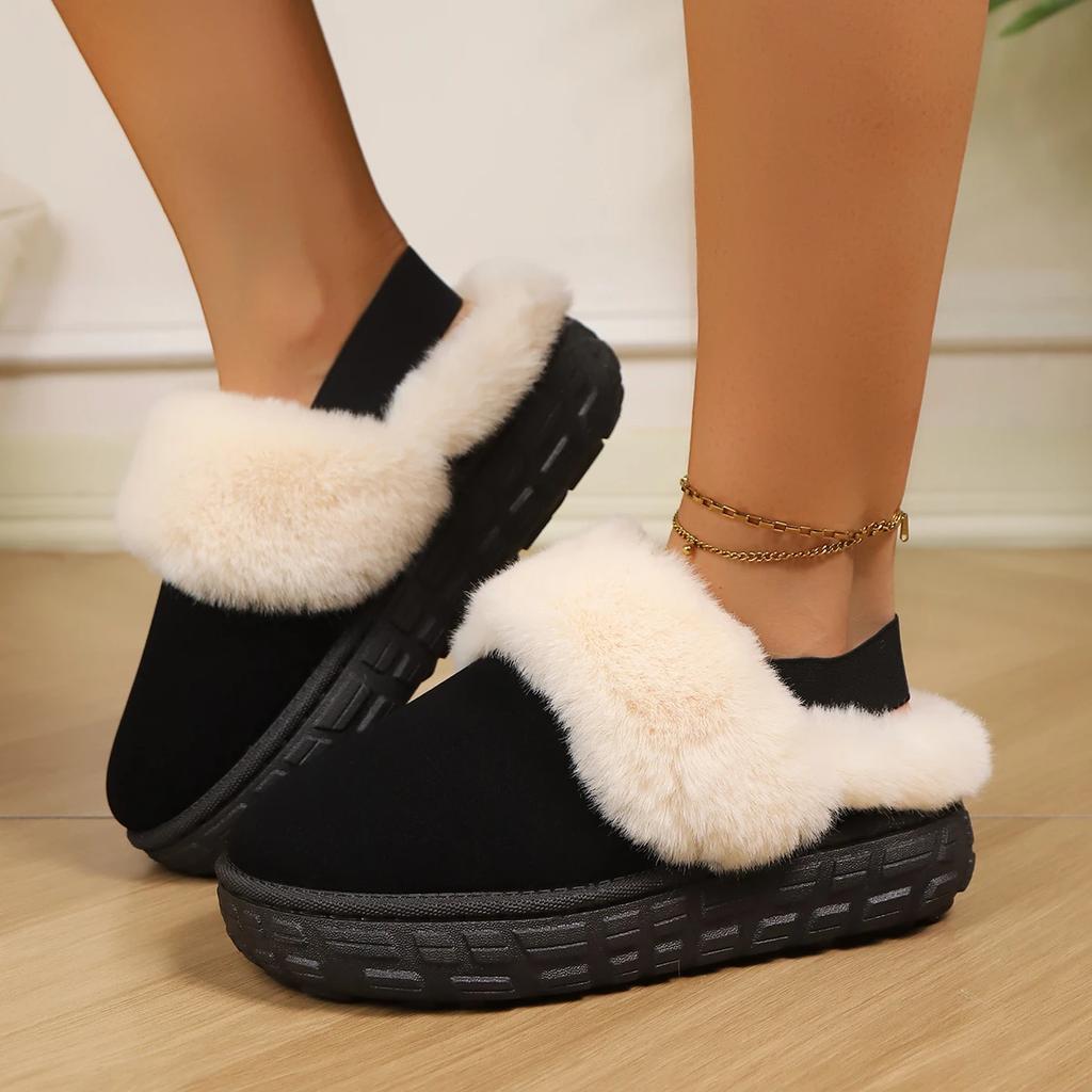 Fashion Women Indoor Fluffy Slippers Thick Sole Winter Warm Shoes Couples Fur Keep Warm Comfortable Shallow Slippers Women Slides Women