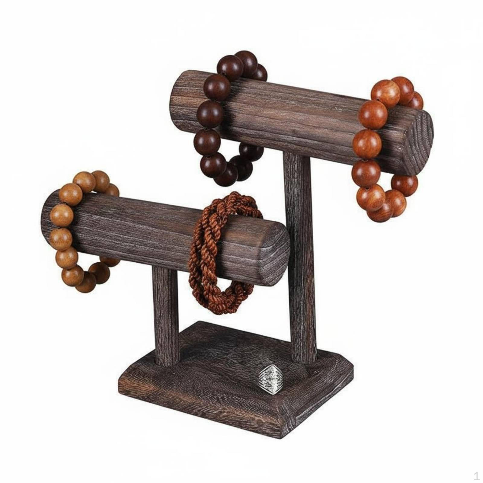 Bead Bracelet Holder Vintage Style Wooden Stand SpaceSaving Double Tier Display for Distressed