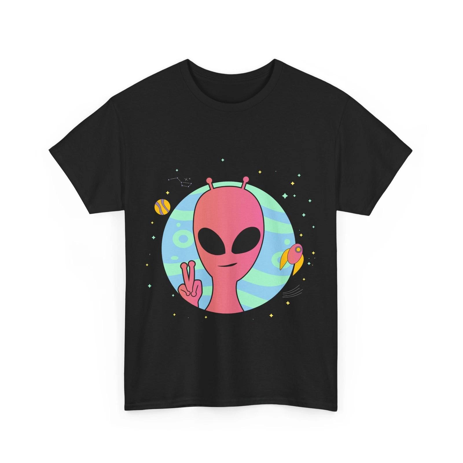Alien Peace Sign Hand Planet Stars UFO Alien Lovers Cute T shirt XL