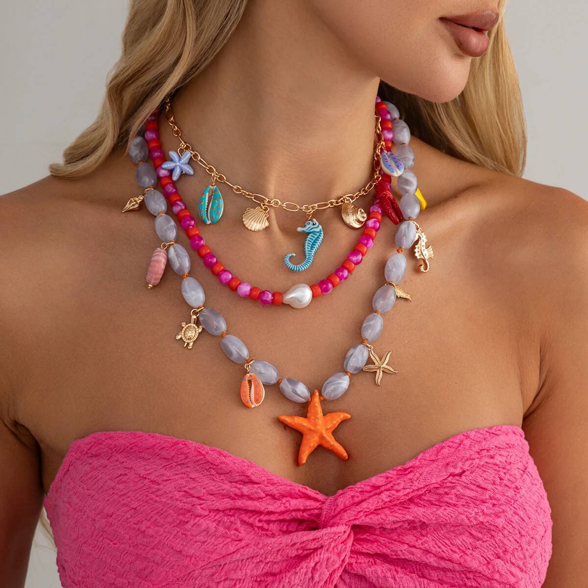 IngeSight.Z Summer Y2K Boho Multilayer Ocean Charm Necklace Women Colorful Seahorse Starfish Pendant Necklace Handmade Jewelry
