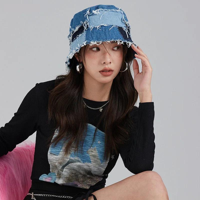 Japanese Niche Designer Bucket Hat Showing Small Face Retro Beggar Style Splicing Contrasting Color Denim Basin Caps for Women