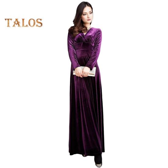 Abendkleid für Damen, goldener Samt, V-Ausschnitt, plissiert, A-Linie, reine Farbe, lange Ärmel, langes Kleid, hohe Taille, Abschlussball, Party, Maxikleid