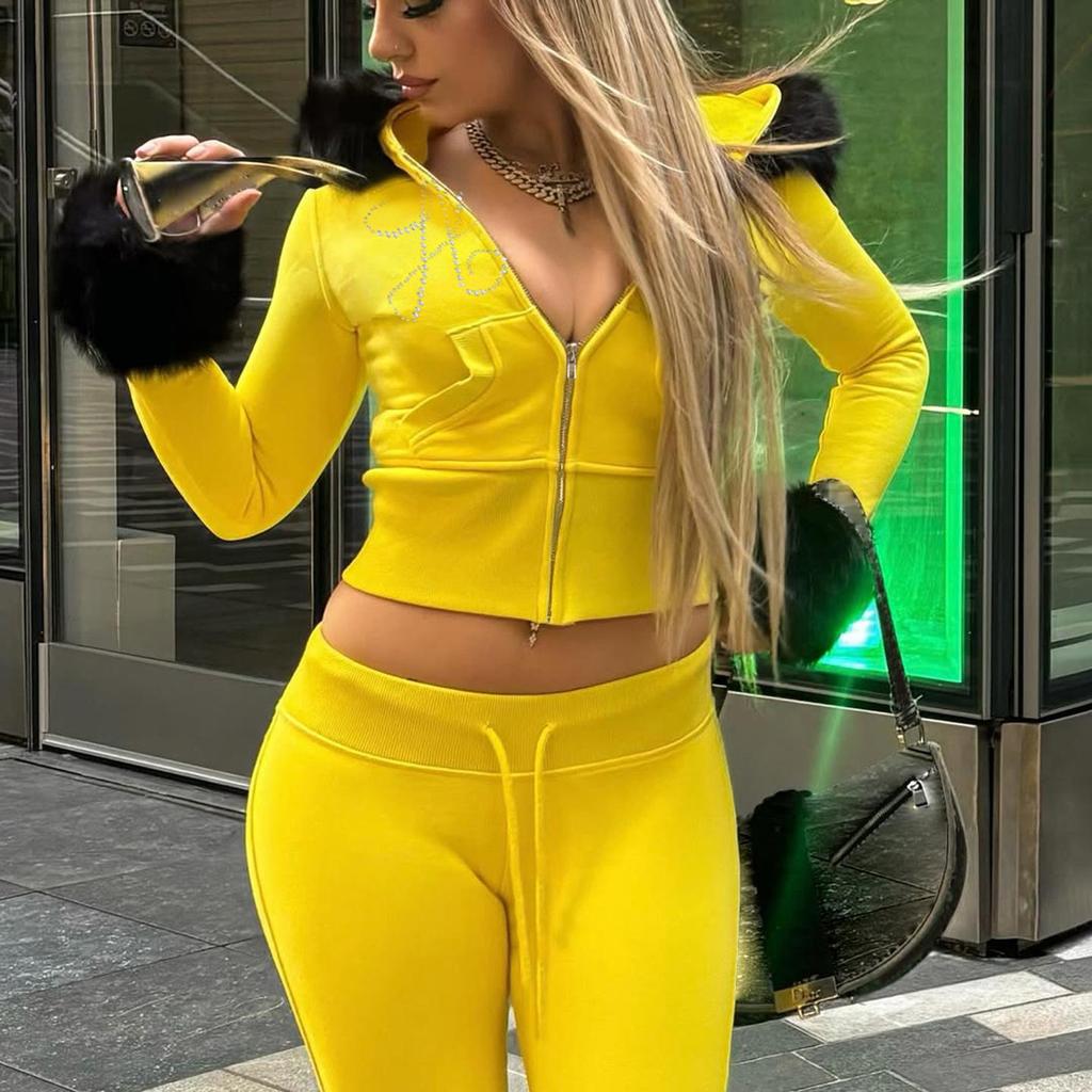 2025 Fall/Winter European Furry Hoodie & Rhinestone Sweatpants Set