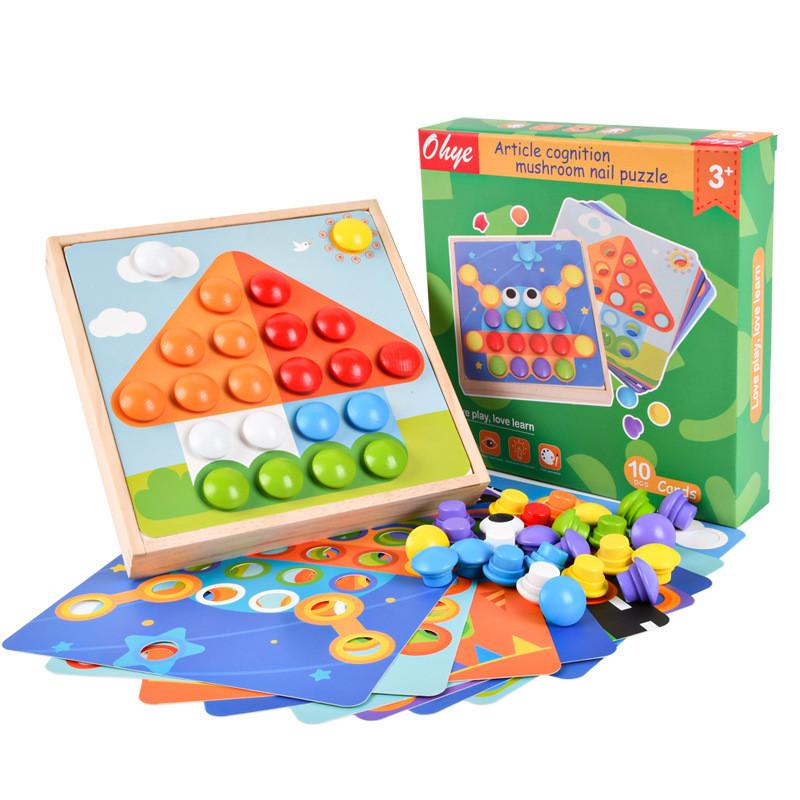 

Wooden Puzzle Shape Board With Mushroom Pins For Learning And Development Brain