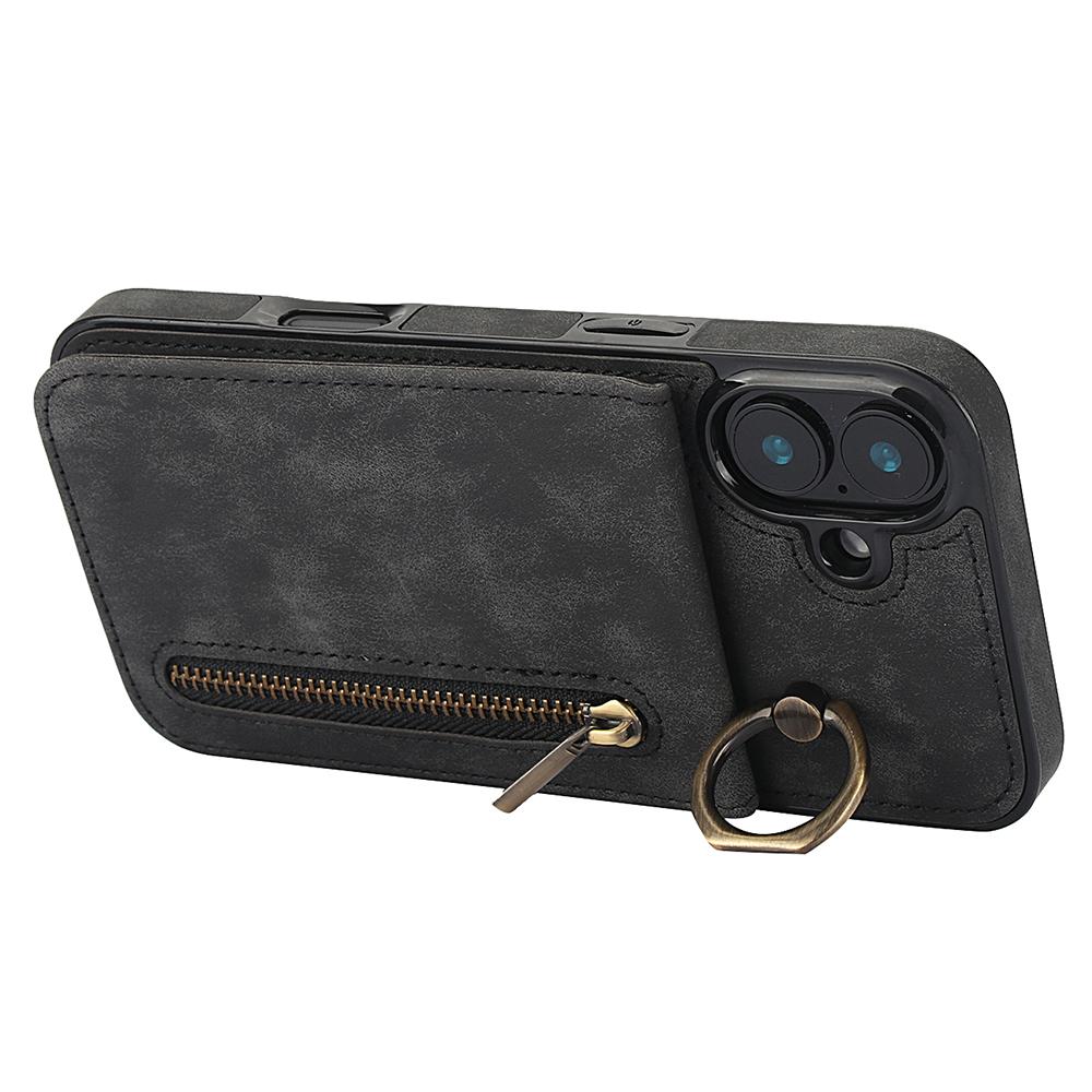 For iPhone 16 Plus Case RFID Blocking Ring Kickstand Retro Leather+TPU Anti-Fall Phone Cover