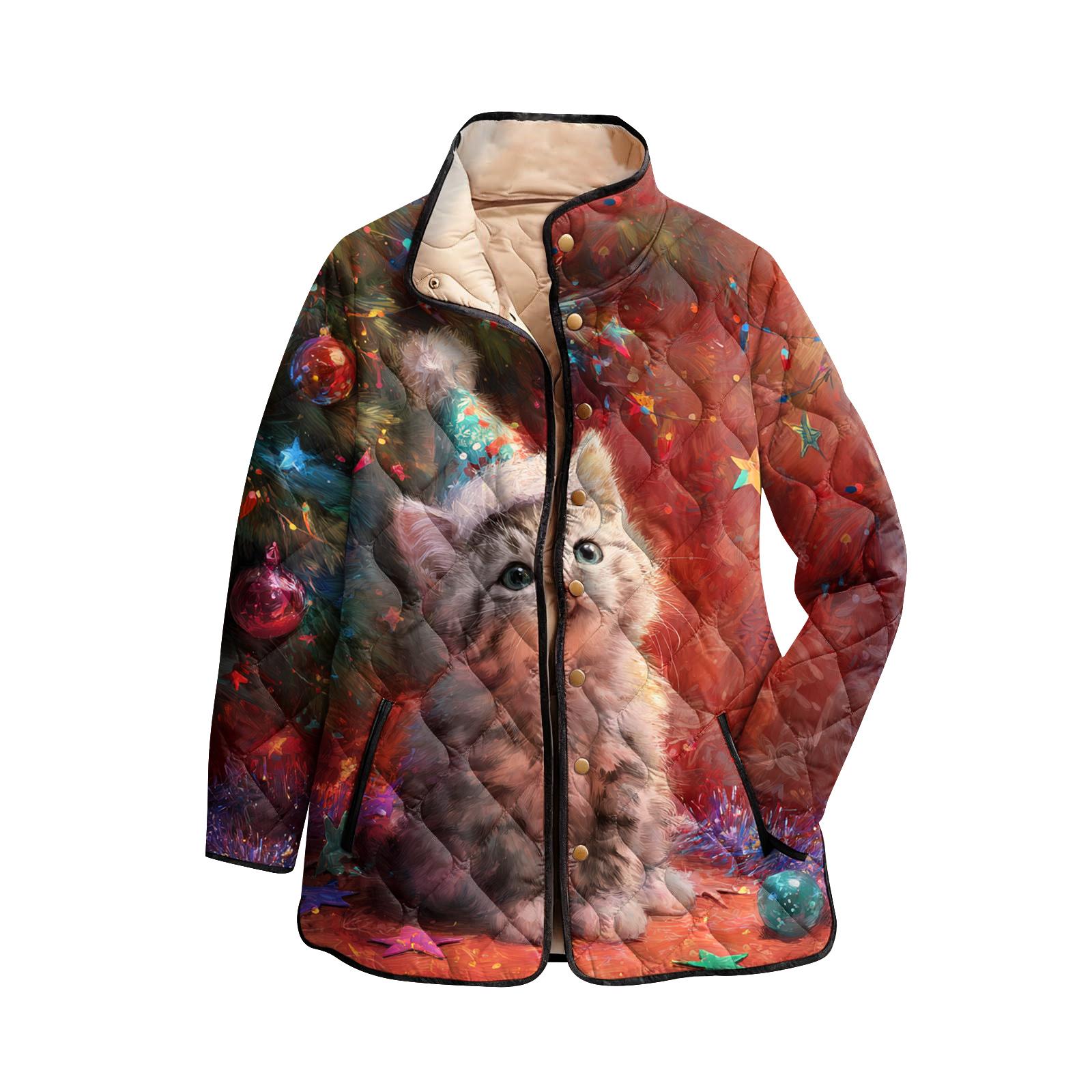 

Женское хлопковое пальто на пуговицах с высоким воротником, рождественским принтом, с подкладкой и длинными рукавами XXL розовый