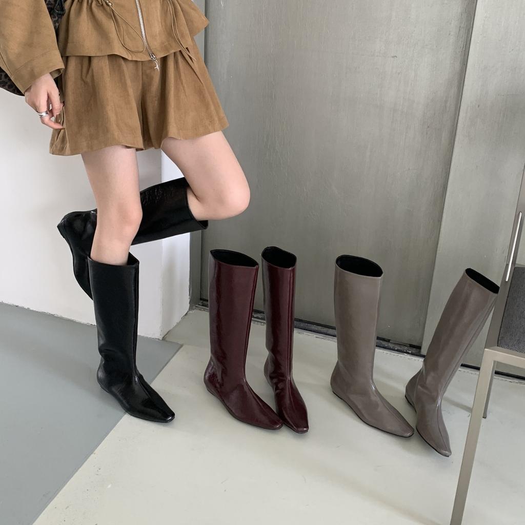 European and American style big tube minimalist style long boots women's 2025 new ins wind pointed retro knight boots slope heel thin boots