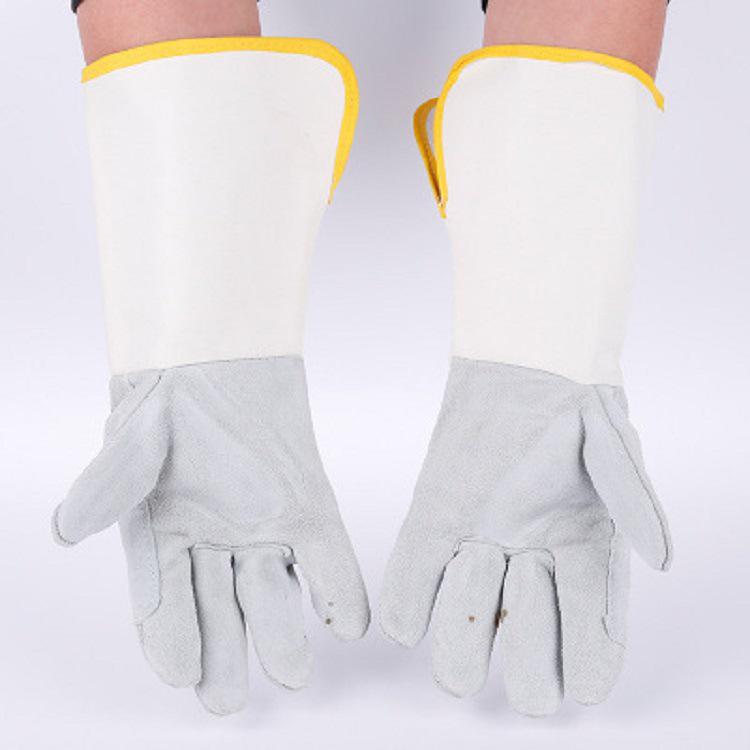 Dark Leather Heat-Resistant Welding Gloves with Scald and Splash Protection, Canvas Sleeve.