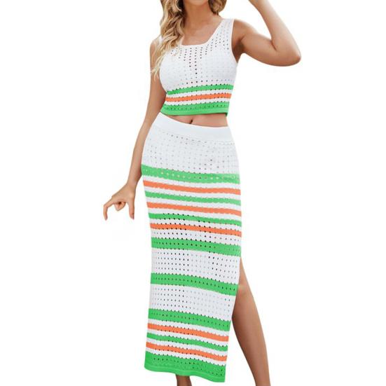 Two Piece Skirt Set for Women Striped Bodycon Slit Midi Skirt And Sleeveless Crop