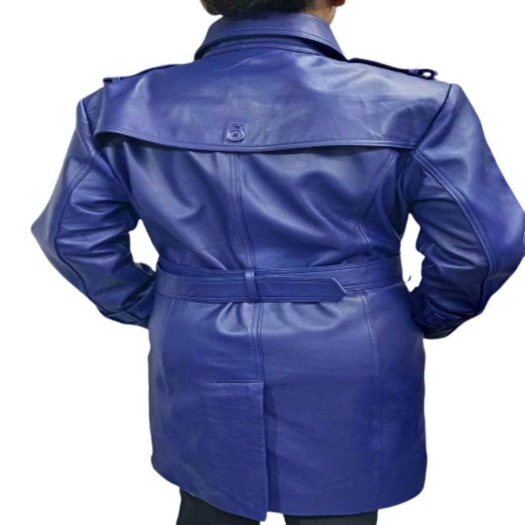 NOORA Navy Blue Leather Trench Coat Women | Genuine Real Leather Jacket Long Leather Jacket | Double Breasted  Leather Trench Coat