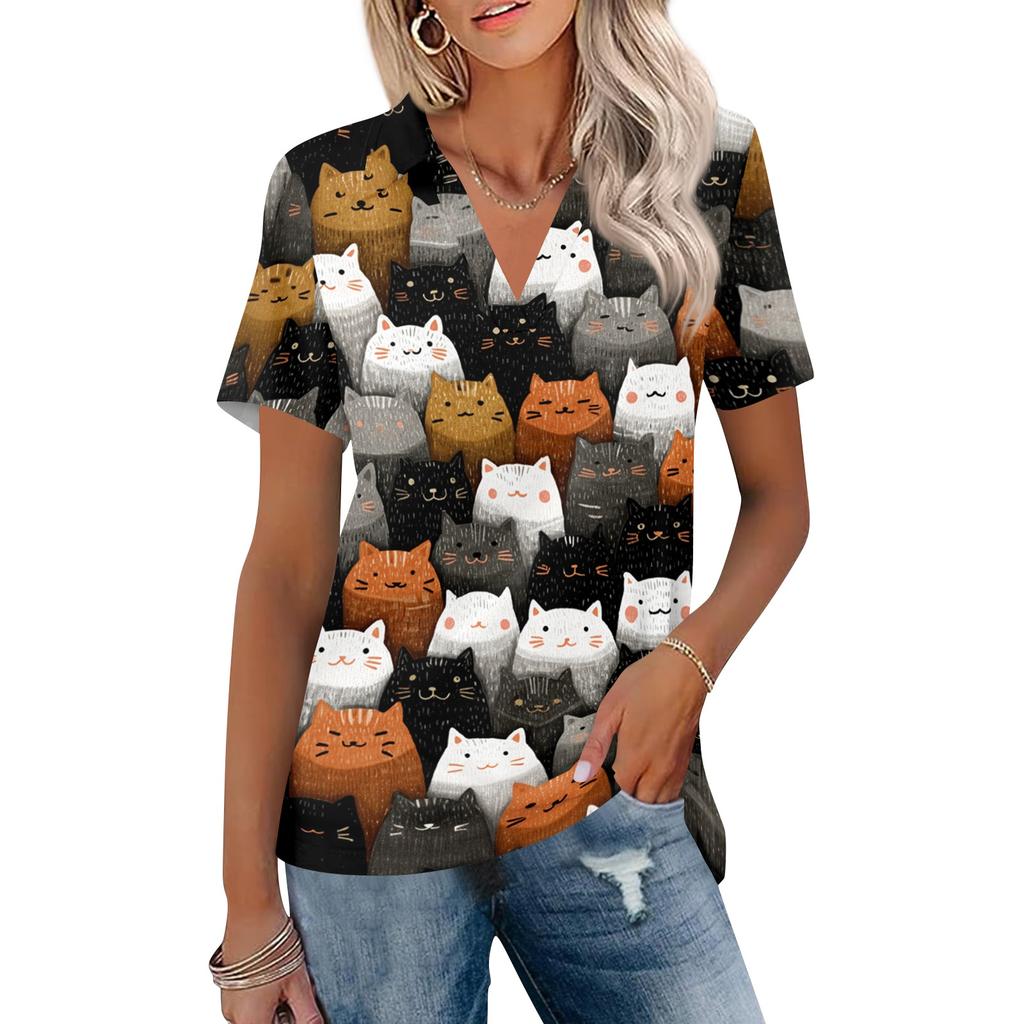 Women's Casual V Neck Short Sleeve T Shirt with Print Top