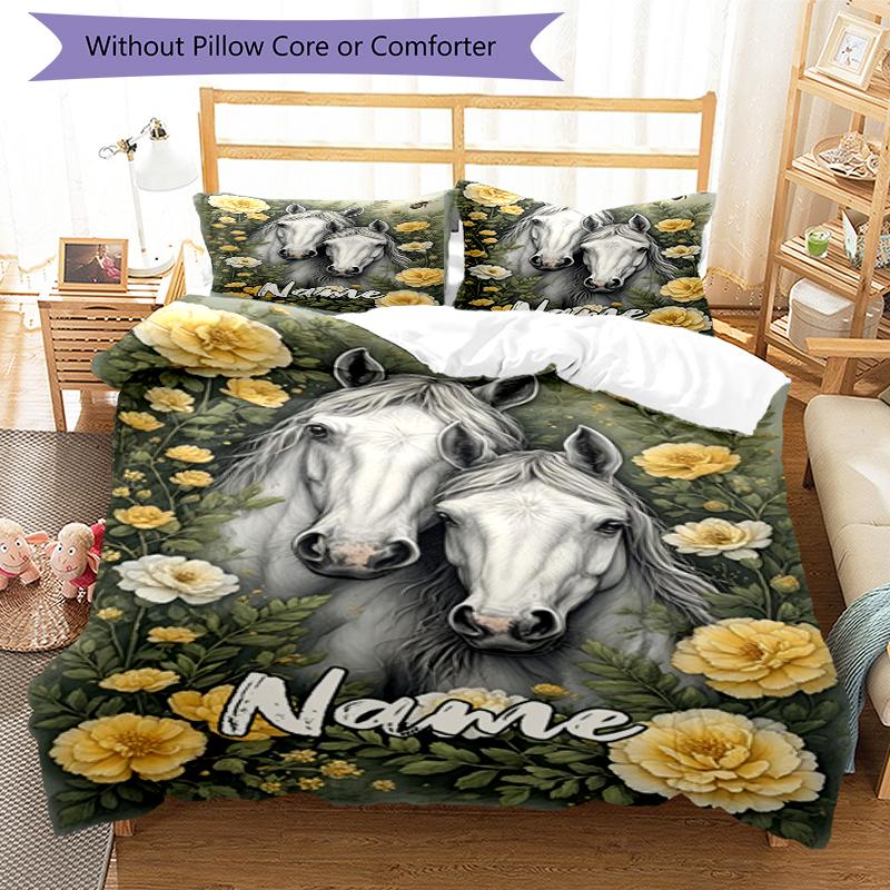 3pcs Custom Name Horse Bedding Set Duvet Cover Closure Includes 1 Duvet Cover & 2 Pillowcases, Soft and Comfortable for All Seasons.