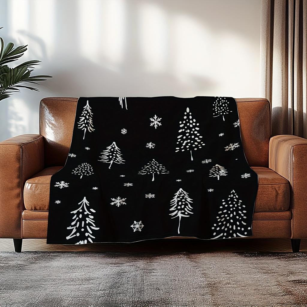 1pc Cozy Christmas Snowflakes Printed Throw Blanket - Soft Flannel Retro Black & White Snowflake & Pine Tree Design - All-Season