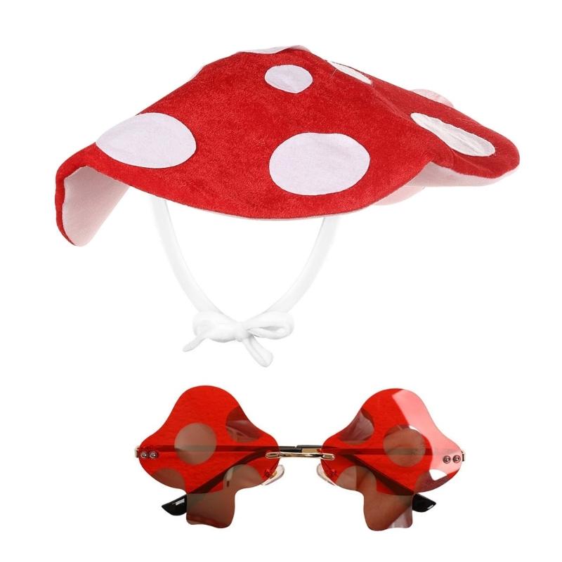 2Pcs Mushroom Costume Accessory Mushroom Hat Party Hat Cap,Mushroom Shaped Sunglasses for Halloween Cosplay Party 1 красный