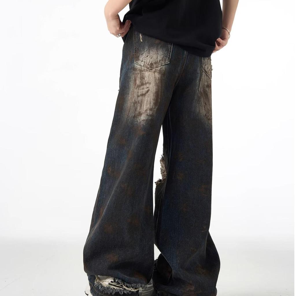 Men's Retro Distressed Ripped Jeans - Loose Straight Fit, Washed Wide-Leg Trousers