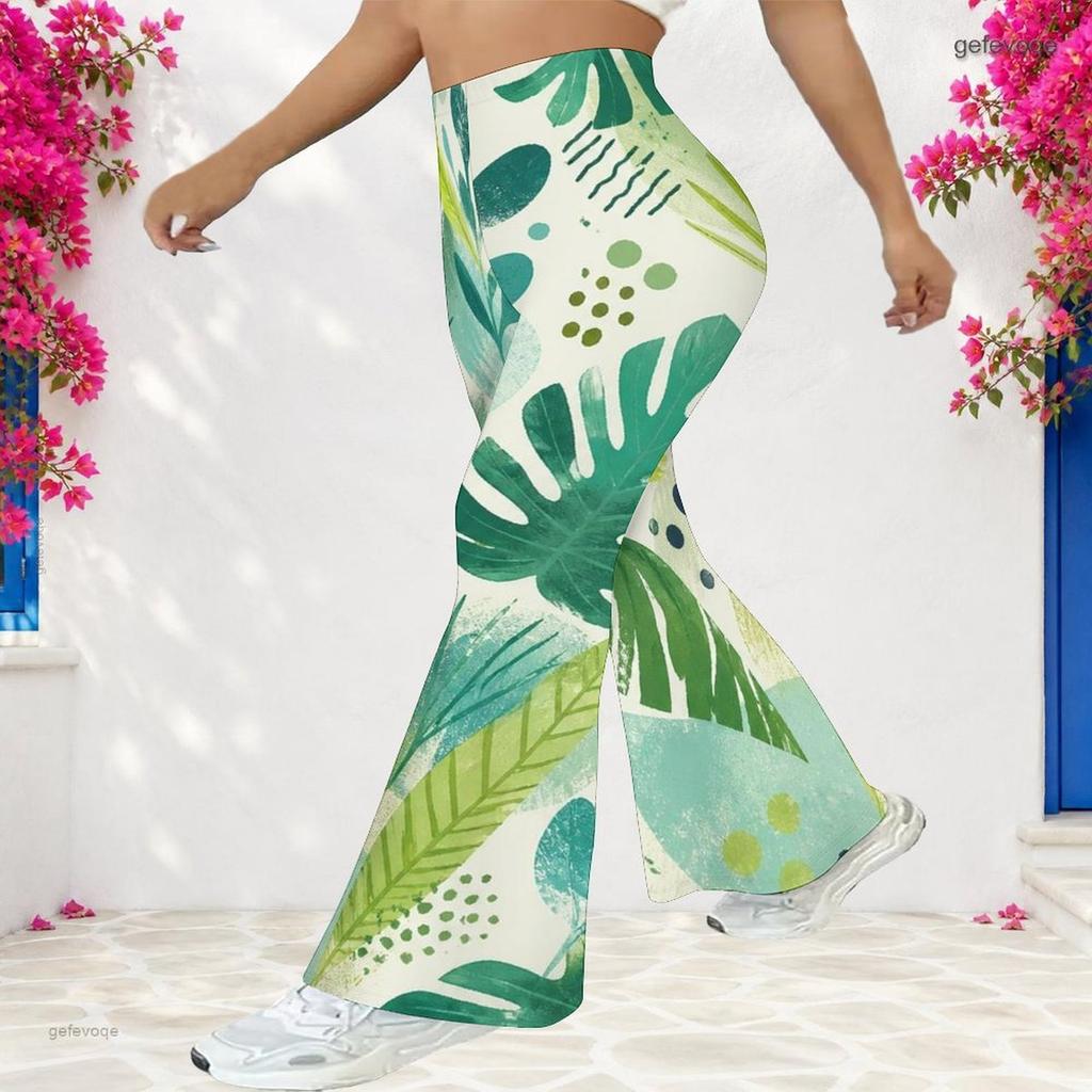 Pantalon évasé long taille haute pour femme grande taille avec imprimé feuilles tropicales