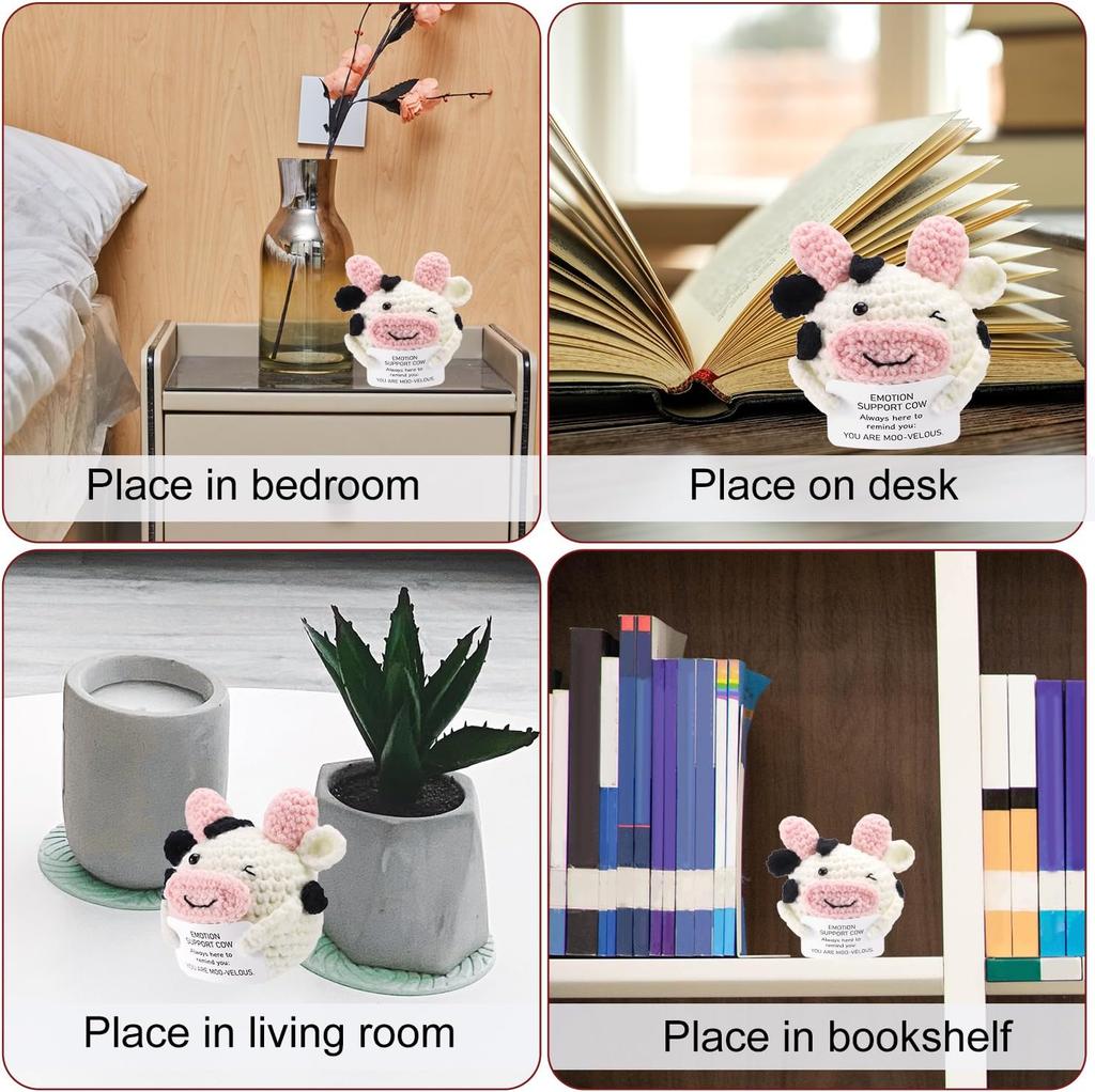 Funny Crochet Positive Energy Cow Doll with Card Home Room Decoration Handmade Knitted Cow Dolls Desk Ornament Christmas Gifts