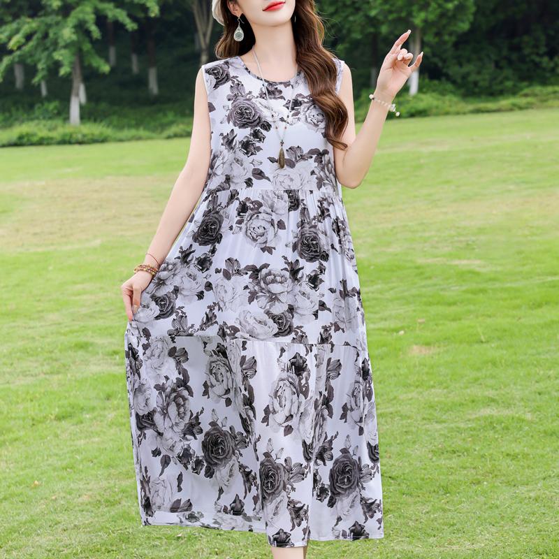 Elegant Sleeveless Dress for Women Plus Size Loose Vintage Print Long Dress Summer Middle-aged Women's Clothing