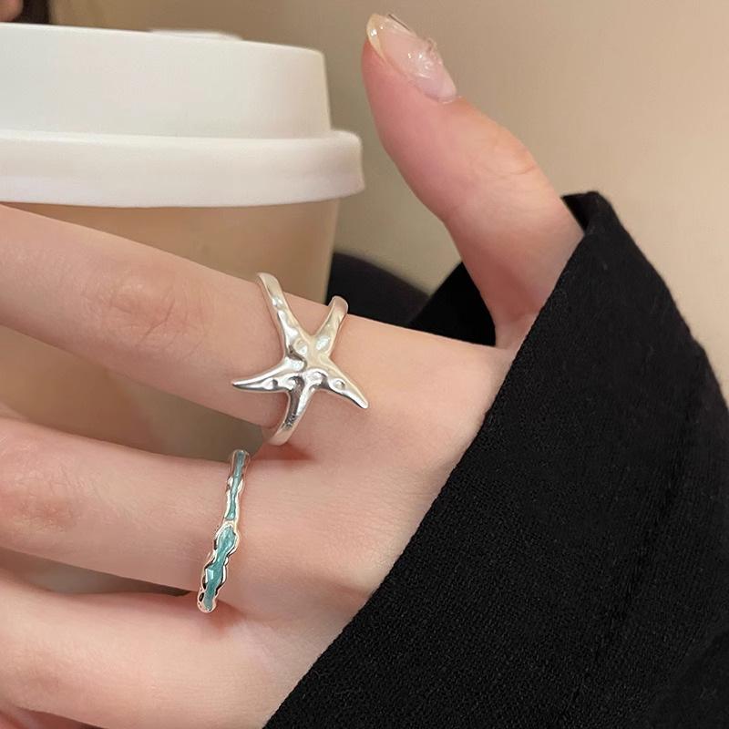 

2pcs/set Sweet Starfish Blue Zircon Open Rings For Women Girls Ocean Style Simple Star Finger Ring Aesthetic Jewelry Y2K