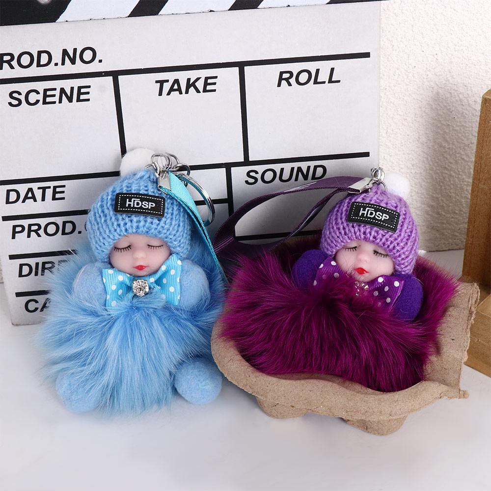 For Girls Ball Pendant Backpack Plush Keychain Pompom Keyring Fluffy Plush Doll Sleeping Baby Doll