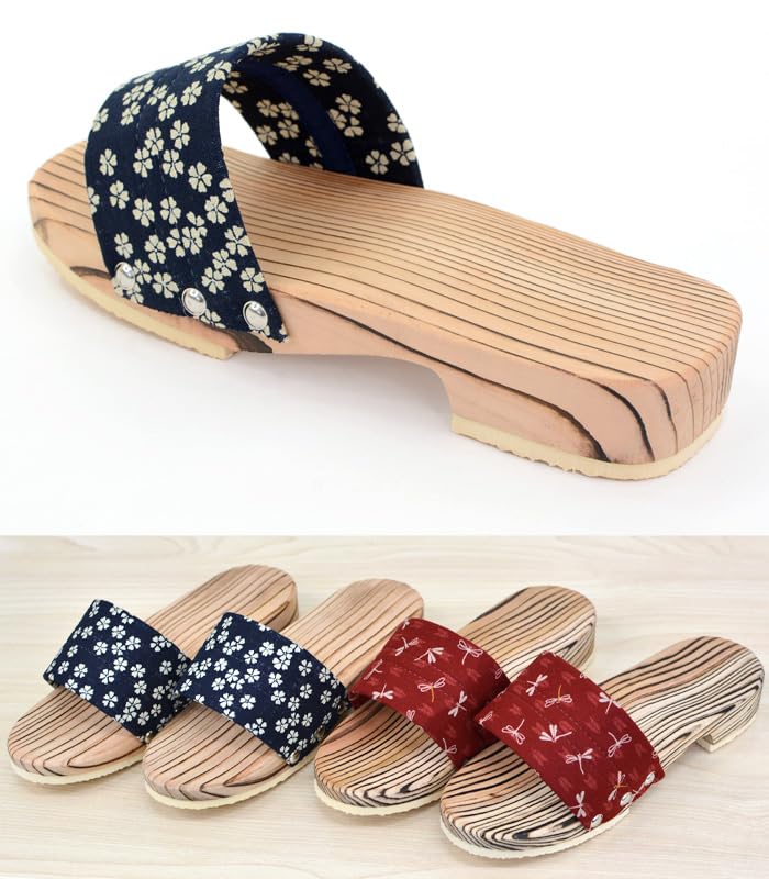 Takeharu Hita Made In Cedar Unglazed Bamboo Stroll Healthy Navy Hemp Leaf Pattern Geta, Japan, Men's Clogs, Cedar, Style, Sandals, Blue,