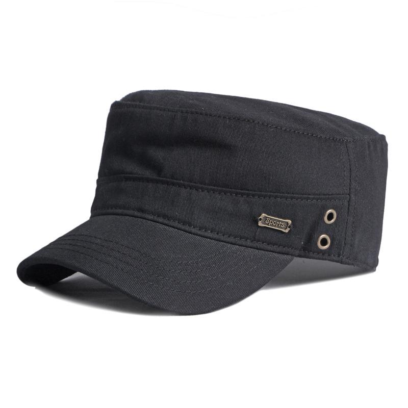 [Casual Military Hats For Men Cotton Flat Top Army Caps Women Solid Color Black Sun Hat Metal Tag Visor Curved Brim Adjustable