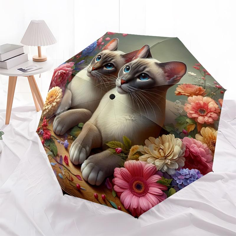 1pc Cat Floral Decor Automatic Folding Umbrella - 8-Rib Durable Iron Frame, Compact Portable for Daily Travel yy251205001