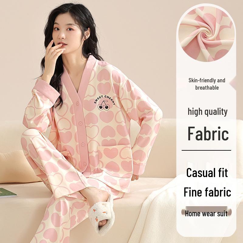Autumn V-Neck Women's Pajamas Set: Cute Long-Sleeve, Plus-Size Homewear for Spring/Autumn.