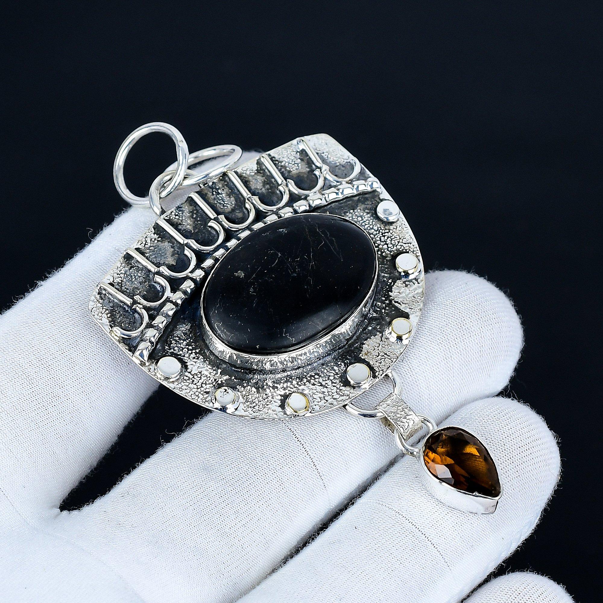 

Black Obsidian Pendant, 925 Sterling Silver Handmade Jewelry, Smoky Topaz Silver Pendant, Party Wear Jewelry For Women s, Pendant Wadding Gift 7 Cm чорний