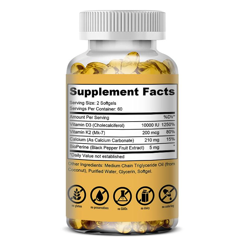 Vitamin D3 10000 Iu + Vitamin K2 200 Mcg Calcium 210 Mg 120 Capsules Per Bottle