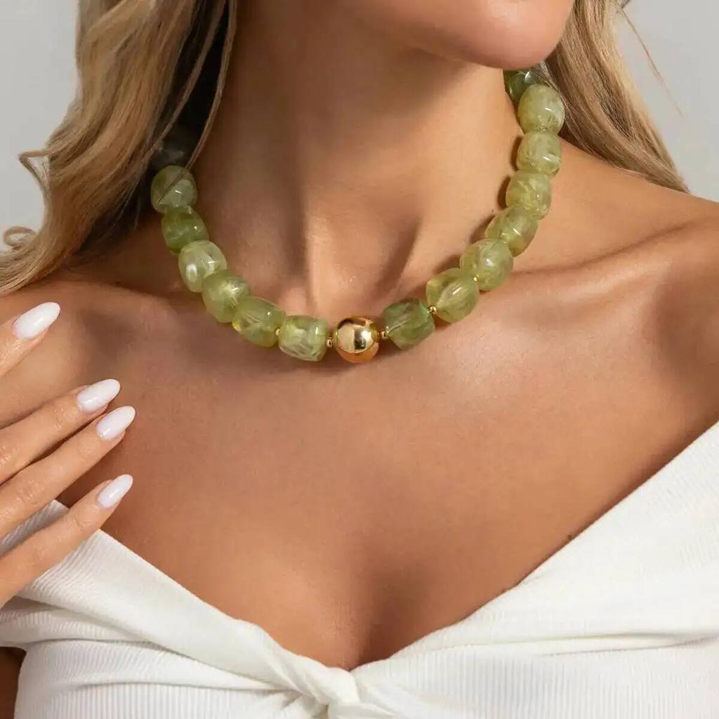 IngeSight.Z Y2K Bohemia Colorful Square Resin Beaded Necklaces Women Temperament Charm Statement Clavicle Chain Banquet Jewelry